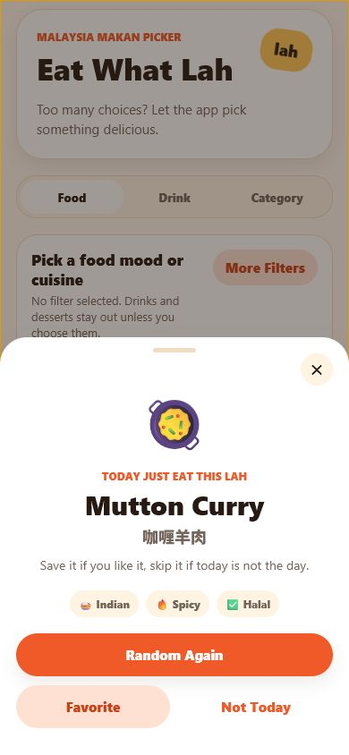 Eat What Lah random result screen